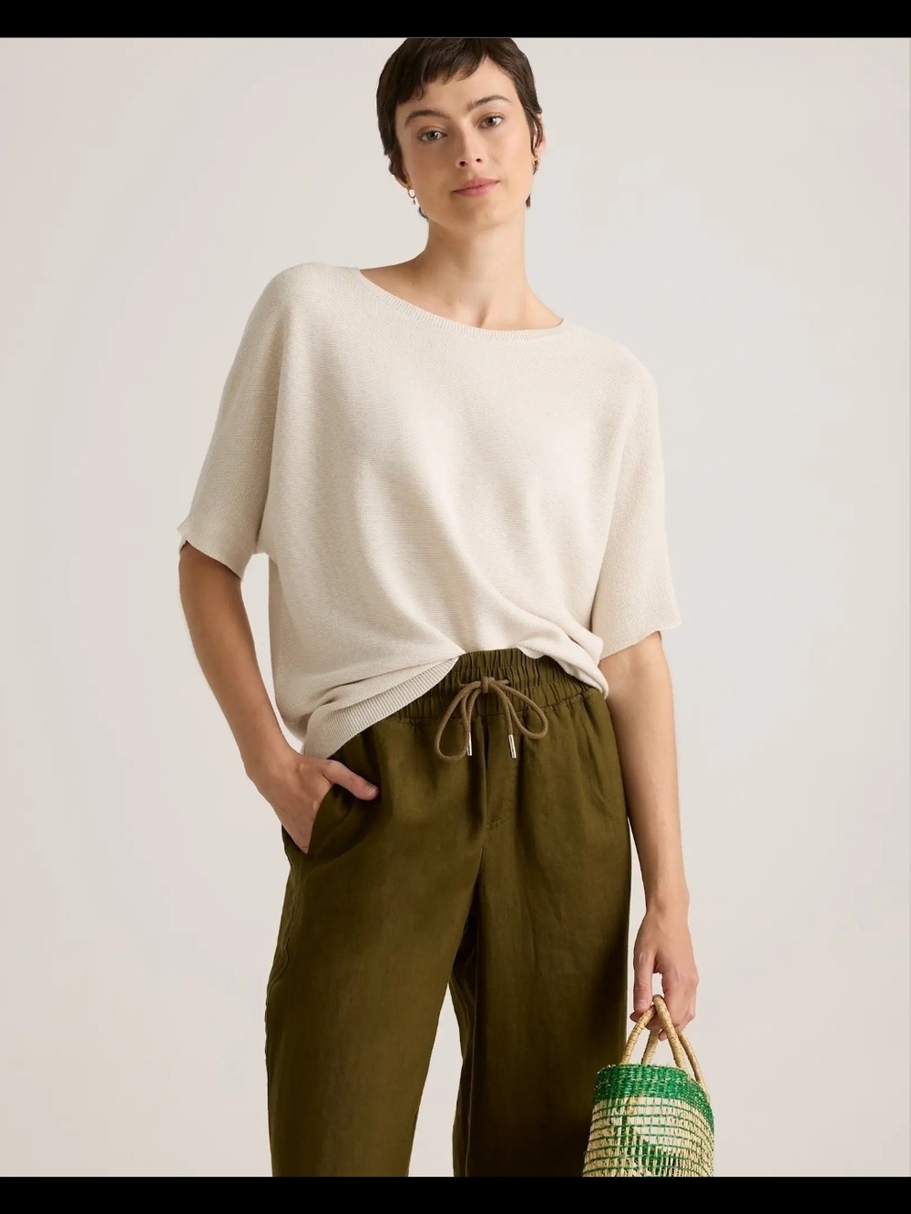 Quince Lightweight Cotton Cashmere Link-Stitch Dolman Sweater Sz S